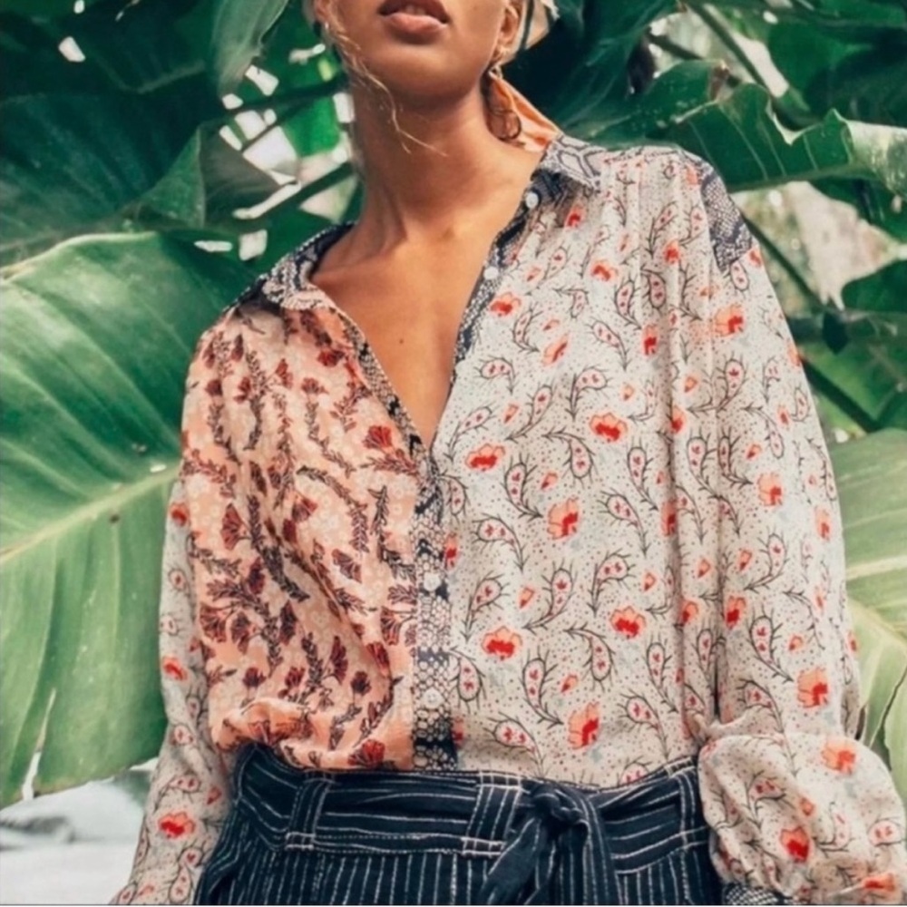 Free People‎ Dani Light Combo Button Down Paisley Floral-Print Shirt Size Small